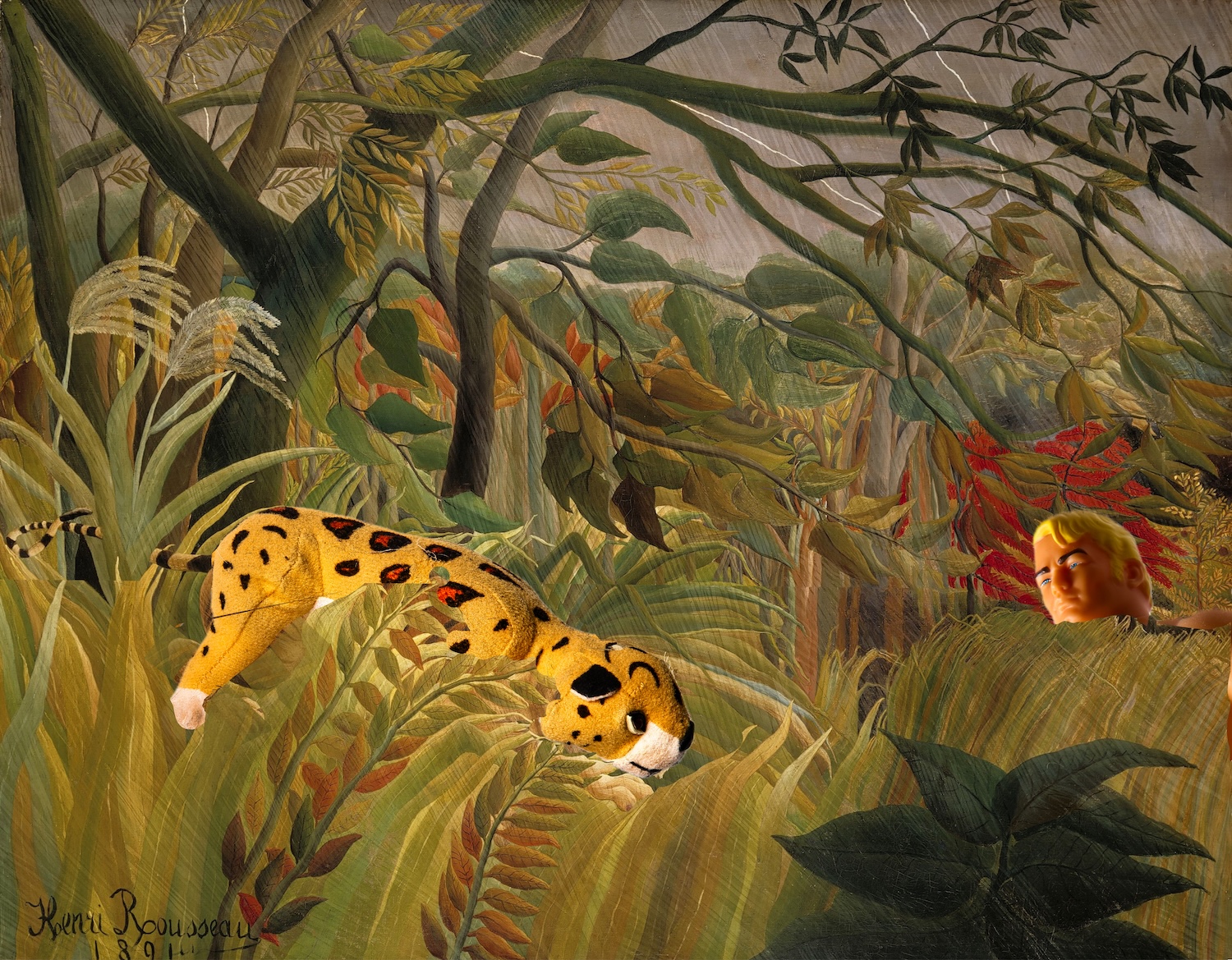surprise by Rousseau alther with stuffed tiger and Stretch Armstrong