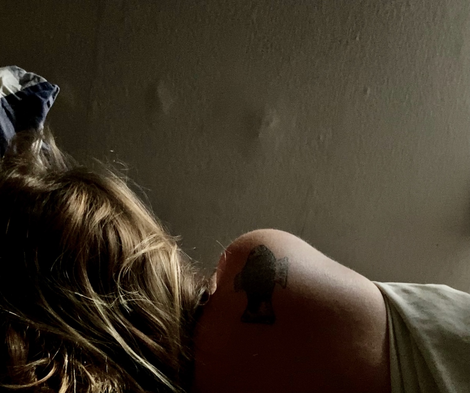 photograph of a a sleeping bare shouldered woman, back to camera