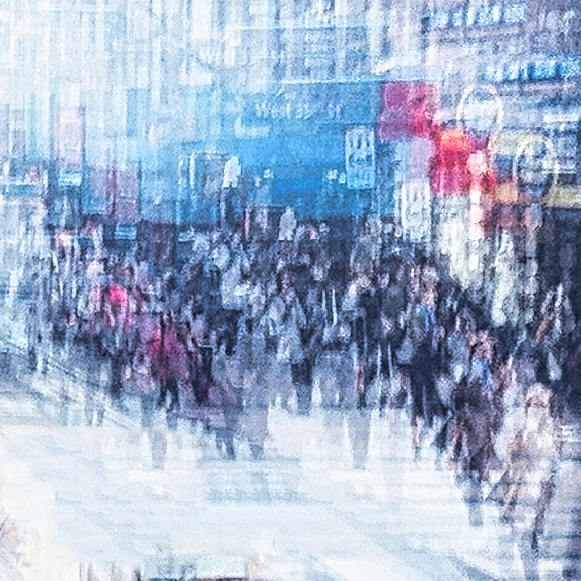 distorted view iof crowds on a Manhattan NYC sidewalk (left)